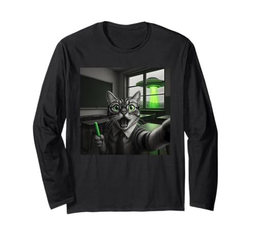Lustige Lehrerin Katze Selfie Meme UFO Alien Grafik Männer Frauen Langarmshirt Lustige Lehrerin Katze Selfie Meme UFO Alien Grafik Männer Frauen Langarmshirt von Cat Selfie Funny UFO Meme