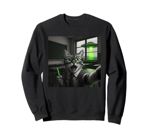 Lustige Lehrerin Katze Selfie Meme UFO Alien Grafik Männer Frauen Sweatshirt von Cat Selfie Funny UFO Meme