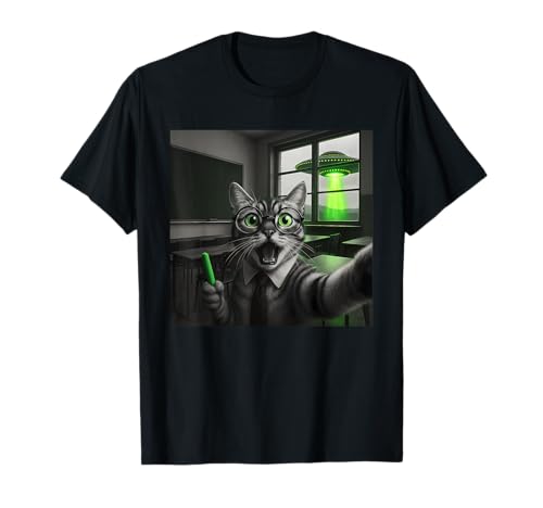 Lustige Lehrerin Katze Selfie Meme UFO Alien Grafik Männer Frauen T-Shirt von Cat Selfie Funny UFO Meme