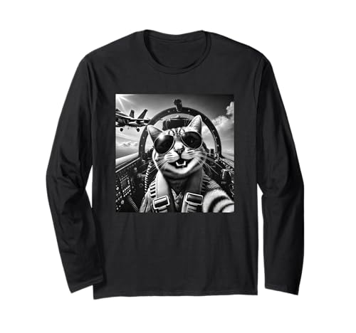 Katze Selfie Jet Flugzeug Lustige Katze Geschenke für Männer Frauen Kinder Langarmshirt von Cat Selfie Jet Airplane Funny Cat Gifts for Kids