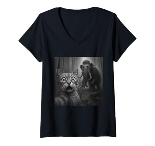 Damen Lustiges Katzenselfie-Selfie mit wolligem Mammut, prähistorisch T-Shirt mit V-Ausschnitt von Cat Selfie Prehistoric Animal Mammoth Meme Apparel