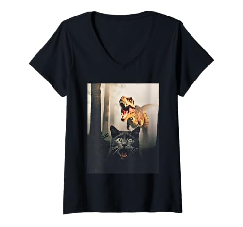 Damen Cat T Rex Selfie T-Shirt mit V-Ausschnitt Damen Cat T Rex Selfie T-Shirt mit V-Ausschnitt von Cat Selfie T Rex
