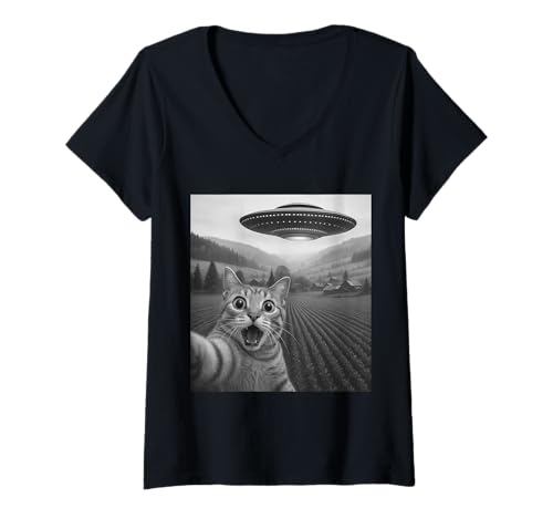 Damen Katze Selfie mit Alien UFO Lustige Katze Humor Meme Lustige Katze T-Shirt mit V-Ausschnitt von Cat Selfie With Alien UFO Funny Sarcastic Humor