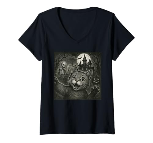 Damen Cat Selfie with Skeleton Pumpkin Halloween Funny T-Shirt mit V-Ausschnitt Damen Cat Selfie with Skeleton Pumpkin Halloween Funny T-Shirt mit V-Ausschnitt von Cat Selfie With Skeleton Halloween Funny Apparel