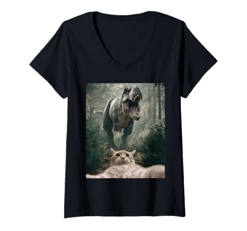 Damen Lustiges Katzen-Selfie mit T-Rex-Dinosaurier-Humor T-Shirt mit V-Ausschnitt Damen Lustiges Katzen-Selfie mit T-Rex-Dinosaurier-Humor T-Shirt mit V-Ausschnitt von Cat Selfie and Dino T Rex Dinosaur Merch
