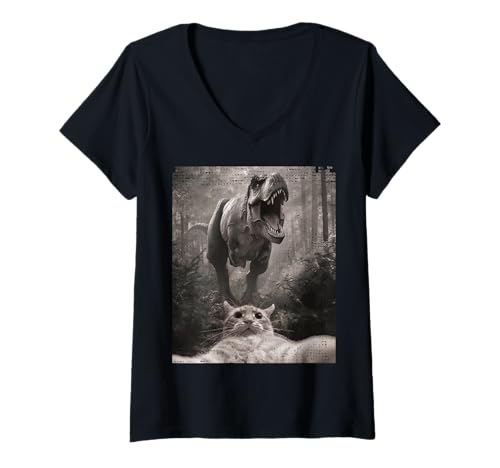 Damen Lustiges Katzen-Selfie mit T-Rex-Dinosaurier-Meme T-Shirt mit V-Ausschnitt Damen Lustiges Katzen-Selfie mit T-Rex-Dinosaurier-Meme T-Shirt mit V-Ausschnitt von Cat Selfie and Dino T Rex Dinosaur Merch