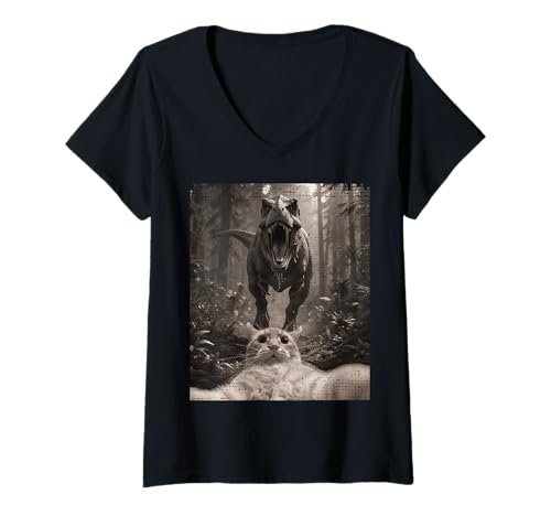 Damen Lustiges Katzen-Selfie mit T-Rex-Dinosaurier-Meme T-Shirt mit V-Ausschnitt Damen Lustiges Katzen-Selfie mit T-Rex-Dinosaurier-Meme T-Shirt mit V-Ausschnitt von Cat Selfie and Dino T Rex Dinosaur Merch