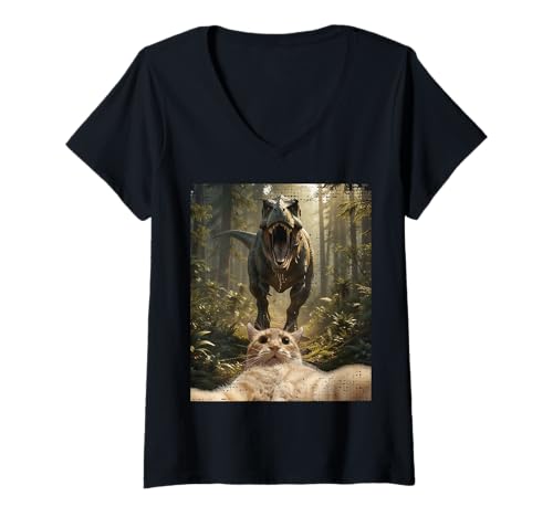 Damen Lustiges Katzen-Selfie mit T-Rex-Dinosaurier-Meme T-Shirt mit V-Ausschnitt von Cat Selfie and Dino T Rex Dinosaur Merch