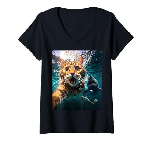 Damen Cat Selfie During Shark Chase Funny Underwater Graphic T-Shirt mit V-Ausschnitt Damen Cat Selfie During Shark Chase Funny Underwater Graphic T-Shirt mit V-Ausschnitt von Cat Selfies Funny Vintage Black & White Graphics