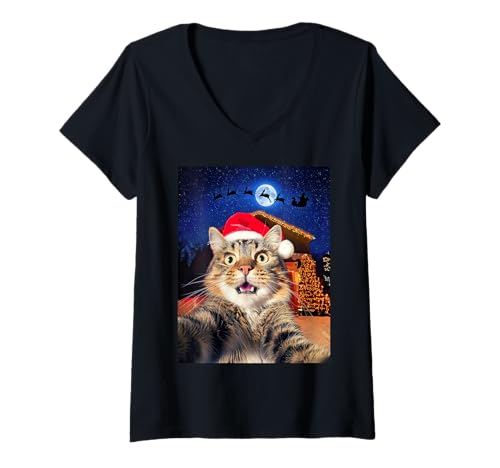 Damen Cat Selfie with Santa, Reindeer, and Sleigh Funny Christmas T-Shirt mit V-Ausschnitt Damen Cat Selfie with Santa, Reindeer, and Sleigh Funny Christmas T-Shirt mit V-Ausschnitt von Cat Selfies Funny Vintage Black & White Graphics
