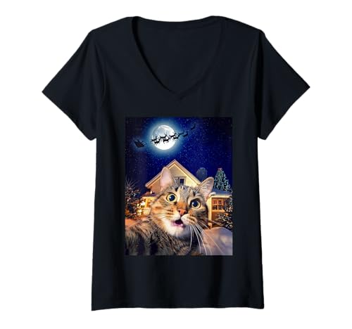 Damen Cat Selfie with Santa, Reindeer, and Sleigh Funny Christmas T-Shirt mit V-Ausschnitt Damen Cat Selfie with Santa, Reindeer, and Sleigh Funny Christmas T-Shirt mit V-Ausschnitt von Cat Selfies Funny Vintage Black & White Graphics
