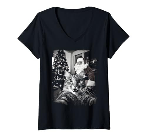 Damen Cat Selfie with Surprised Santa Funny Christmas Vintage T-Shirt mit V-Ausschnitt Damen Cat Selfie with Surprised Santa Funny Christmas Vintage T-Shirt mit V-Ausschnitt von Cat Selfies Funny Vintage Black & White Graphics