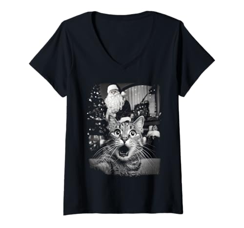 Damen Cat Selfie with Surprised Santa Funny Christmas Vintage T-Shirt mit V-Ausschnitt Damen Cat Selfie with Surprised Santa Funny Christmas Vintage T-Shirt mit V-Ausschnitt von Cat Selfies Funny Vintage Black & White Graphics
