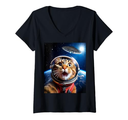 Damen Cat Selfie with UFO Funny Outer Space Galaxy Graphic T-Shirt mit V-Ausschnitt Damen Cat Selfie with UFO Funny Outer Space Galaxy Graphic T-Shirt mit V-Ausschnitt von Cat Selfies Funny Vintage Black & White Graphics