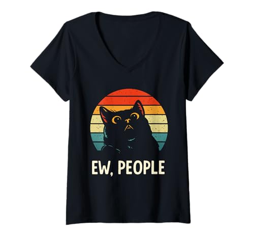 Damen Schwarze Katze Lustig Schwarze Katze Ew People Lustig Meowy Cats Lustig T-Shirt mit V-Ausschnitt von Cat Shirt Introvert Gifts For Cat Lovers Gifts