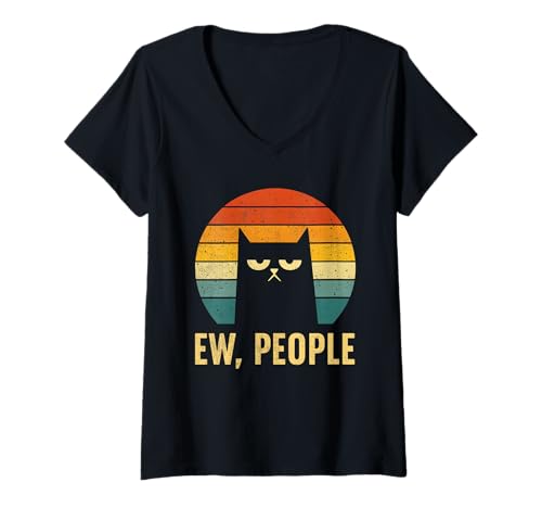 Damen Schwarze Katze Lustig Schwarze Katze Ew People Lustig Meowy Cats Lustig T-Shirt mit V-Ausschnitt von Cat Shirt Introvert Gifts For Cat Lovers Gifts