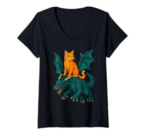 Damen Orange Cat Sitting On A Dragon T-Shirt mit V-Ausschnitt Damen Orange Cat Sitting On A Dragon T-Shirt mit V-Ausschnitt von Cat Sitting On A Dragon Apparel