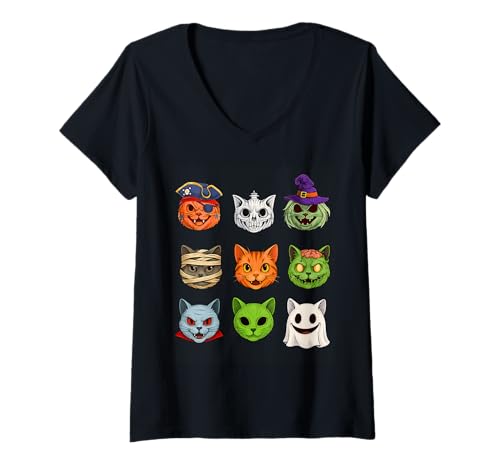 Damen Halloween Katze Skelett Zombie Mama Geist Katze Hexe Vampir T-Shirt mit V-Ausschnitt Damen Halloween Katze Skelett Zombie Mama Geist Katze Hexe Vampir T-Shirt mit V-Ausschnitt von Cat Skeleton Zombie Mummy Ghost Halloween Scary