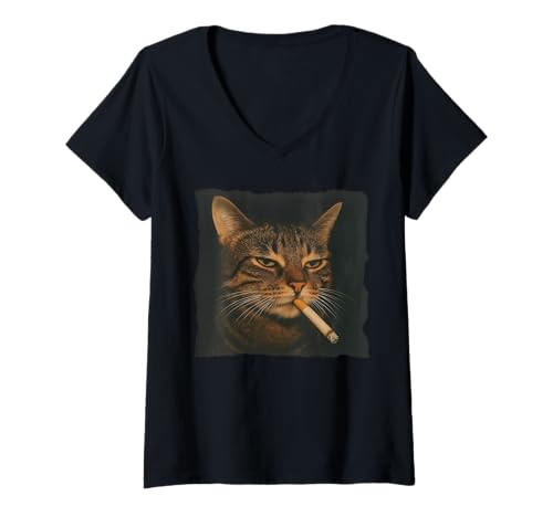 Damen Lustiges Meme „Katze mit Zigarette, Katze raucht“ T-Shirt mit V-Ausschnitt Damen Lustiges Meme „Katze mit Zigarette, Katze raucht“ T-Shirt mit V-Ausschnitt von Cat Smoking