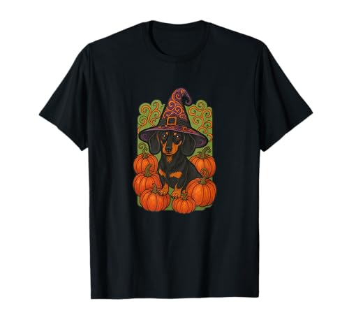 Dackel Hexe Halloween Kürbis Patch Magic T-Shirt von Cat Snugg