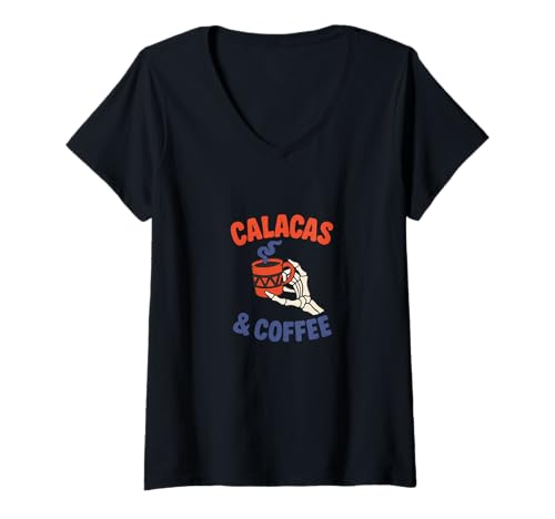 Damen Calacas and Coffee Skelett Halloween Day Dead Design T-Shirt mit V-Ausschnitt von Cat Snugg