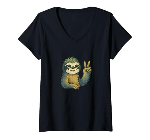 Damen Chill Peace Zeichen Faultier Lustig Niedlich Entspannt Tier Design T-Shirt mit V-Ausschnitt von Cat Snugg