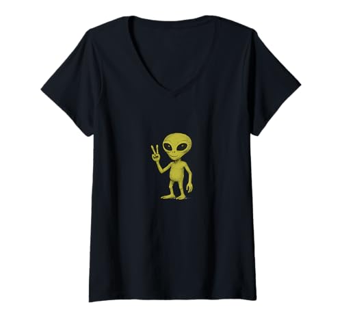 Damen Groovy Alien Giving Peace Zeichen Retro Cosmic Vibes T-Shirt mit V-Ausschnitt von Cat Snugg