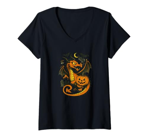 Damen Halloween-Drache bereit für Süßes oder Saures gruseligen Spaß T-Shirt mit V-Ausschnitt von Cat Snugg