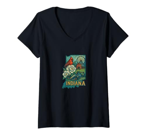 Damen Indiana Pride State Love Midwest Identity Mutiges Design T-Shirt mit V-Ausschnitt von Cat Snugg