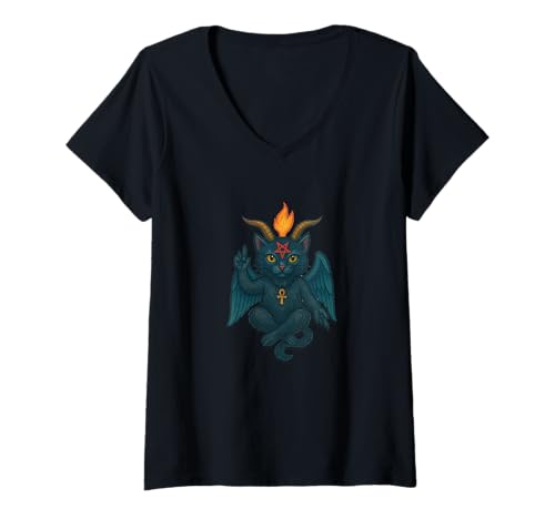 Damen Kitty Cat Baphomet Okkulter Humor niedliches Dunkles magisches Design T-Shirt mit V-Ausschnitt von Cat Snugg
