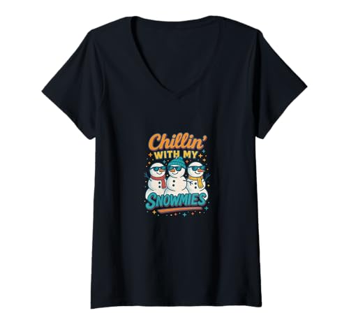 Damen Lustiges süßes Weihnachts-Winter-Design „Chillin with My Snowmies“ T-Shirt mit V-Ausschnitt von Cat Snugg