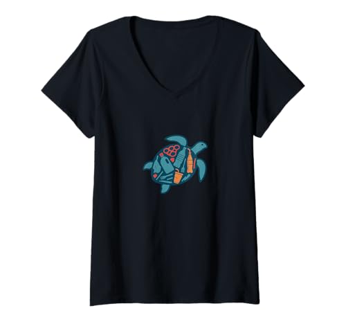 Damen Meeresschildkröte aus Ocean Plastics Eco Awareness Design T-Shirt mit V-Ausschnitt von Cat Snugg