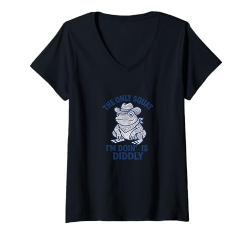 Damen The Only Squat I'm Doing is Diddly Cowboy Frog T-Shirt mit V-Ausschnitt Damen The Only Squat I'm Doing is Diddly Cowboy Frog T-Shirt mit V-Ausschnitt von Cat Snugg