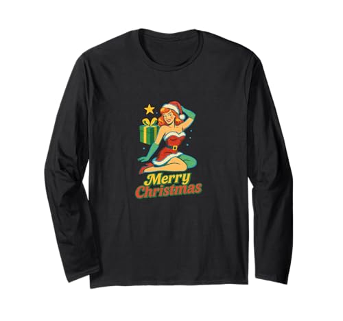 Pinup Girl Retro-Kunst im Vintage-Look „Frohe Weihnachten“ Langarmshirt von Cat Snugg
