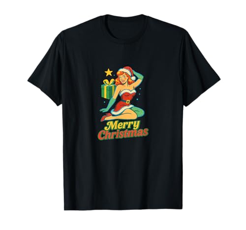 Pinup Girl Retro-Kunst im Vintage-Look „Frohe Weihnachten“ T-Shirt von Cat Snugg