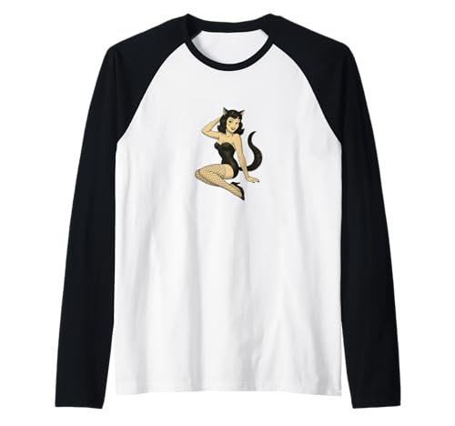 Retro Katze Mädchen Pinup Vintage Katze Burlesque Halloween Raglan von Cat Snugg
