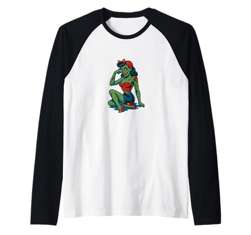 Zombie Girl Pinup Halloween Party Undead Retro-Käsekuchen Raglan von Cat Snugg