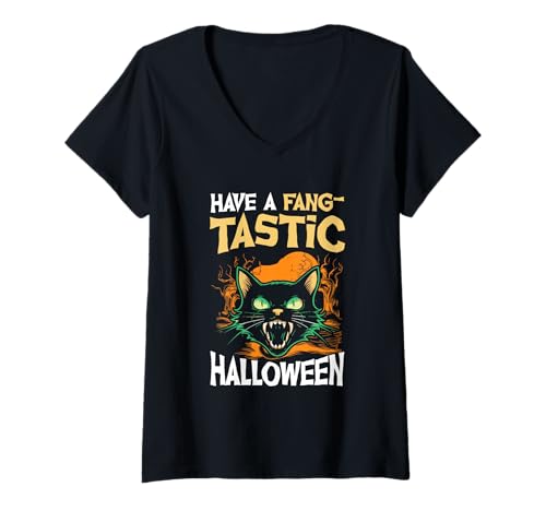 Damen Hab einen fantastischen Halloween-Katzen-Horror T-Shirt mit V-Ausschnitt Damen Hab einen fantastischen Halloween-Katzen-Horror T-Shirt mit V-Ausschnitt von Cat Spooky Halloween Haunted Moon