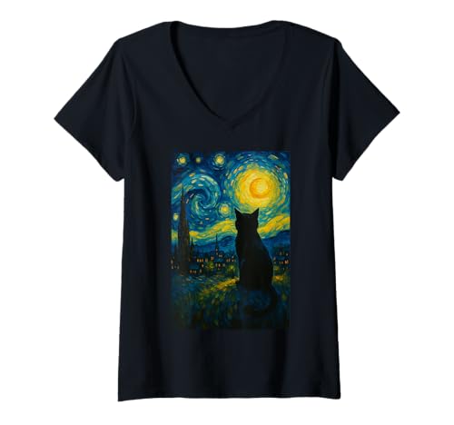 Damen Katze Sternennacht Van Gogh Katze für Katzenliebhaber Katze Kunst Malerei T-Shirt mit V-Ausschnitt Damen Katze Sternennacht Van Gogh Katze für Katzenliebhaber Katze Kunst Malerei T-Shirt mit V-Ausschnitt von Cat Starry Night Van Gogh Cat For Cat Painting