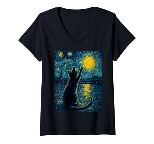 Damen Schwarze Katzen lieben Sternennacht Vincent Van Gogh T-Shirt mit V-Ausschnitt Damen Schwarze Katzen lieben Sternennacht Vincent Van Gogh T-Shirt mit V-Ausschnitt von Cat Starry Night Van Gogh For Lovers.