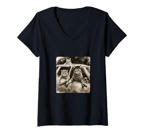 Damen Cat Gang Meme Japanische Kunst Lustige Gangster Katzen Sumi-e Kawaii T-Shirt mit V-Ausschnitt Damen Cat Gang Meme Japanische Kunst Lustige Gangster Katzen Sumi-e Kawaii T-Shirt mit V-Ausschnitt von Cat Sumi-e Kawaii Ink Painting Japanese Cute Gifts