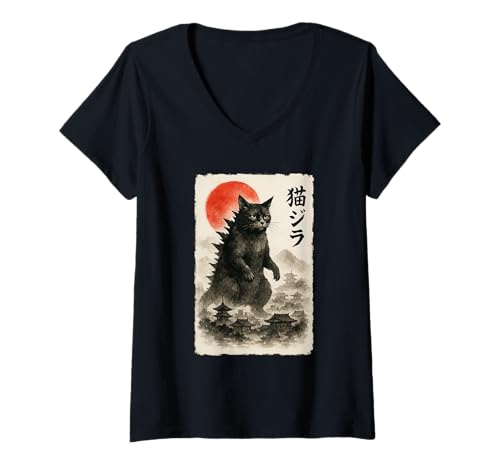Damen Catzilla Cat, japanische Kunst, lustiges Sumi-e, für Herren, Damen, Kinder T-Shirt mit V-Ausschnitt Damen Catzilla Cat, japanische Kunst, lustiges Sumi-e, für Herren, Damen, Kinder T-Shirt mit V-Ausschnitt von Cat Sumi-e Kawaii Ink Painting Japanese Cute Gifts