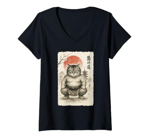 Damen Funny Fat Cat Sumo Wrestler Sumi-e Japanische Kunst Anime T-Shirt mit V-Ausschnitt von Cat Sumi-e Kawaii Ink Painting Japanese Cute Gifts