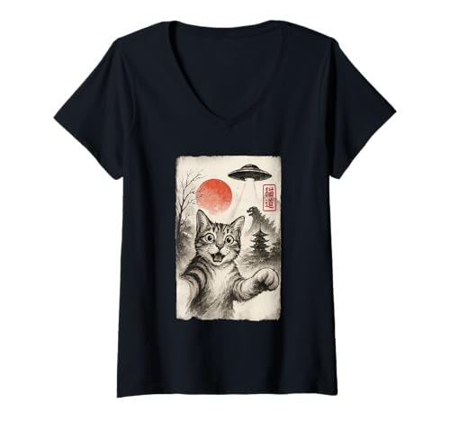 Damen Katze Selfie Alien UFO Funny Invasion Meme Sumi-e Japanisch T-Shirt mit V-Ausschnitt Damen Katze Selfie Alien UFO Funny Invasion Meme Sumi-e Japanisch T-Shirt mit V-Ausschnitt von Cat Sumi-e Kawaii Ink Painting Japanese Cute Gifts
