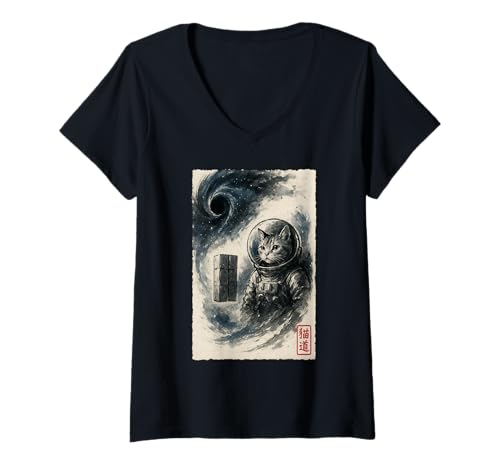 Damen Lustige, interstellare Katze, Astronaut, Kätzchen, Weltraum, Sci-Fi, kosmisch T-Shirt mit V-Ausschnitt Damen Lustige, interstellare Katze, Astronaut, Kätzchen, Weltraum, Sci-Fi, kosmisch T-Shirt mit V-Ausschnitt von Cat Sumi-e Kawaii Ink Painting Japanese Cute Gifts