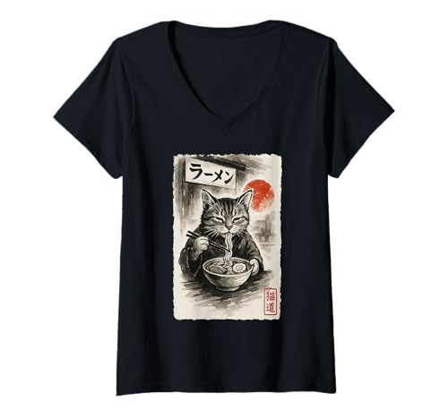 Damen Lustige Katze isst Ramen Nudeln Sumi-e Japanisch Kawaii Anime T-Shirt mit V-Ausschnitt Damen Lustige Katze isst Ramen Nudeln Sumi-e Japanisch Kawaii Anime T-Shirt mit V-Ausschnitt von Cat Sumi-e Kawaii Ink Painting Japanese Cute Gifts