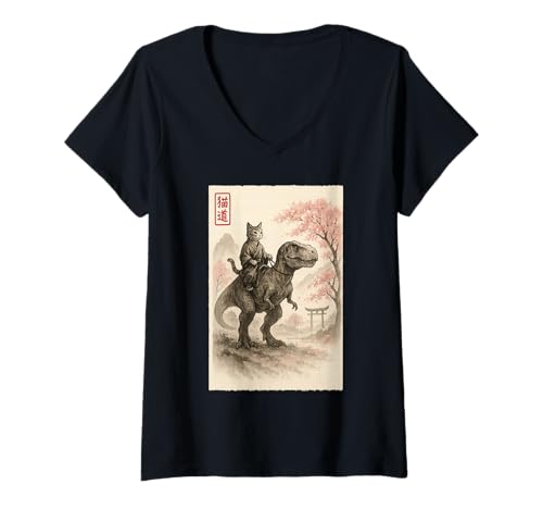 Damen Lustige Sumi-e Kawaii Katze reitet Dinosaurier Japanische Kunst T-Shirt mit V-Ausschnitt von Cat Sumi-e Kawaii Ink Painting Japanese Cute Gifts