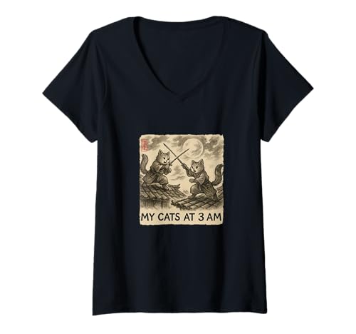 Damen Lustige Sumi-e Kawaii Tuschemalerei Japanisch Meine Katzen um 3 Uhr morgens T-Shirt mit V-Ausschnitt Damen Lustige Sumi-e Kawaii Tuschemalerei Japanisch Meine Katzen um 3 Uhr morgens T-Shirt mit V-Ausschnitt von Cat Sumi-e Kawaii Ink Painting Japanese Cute Gifts