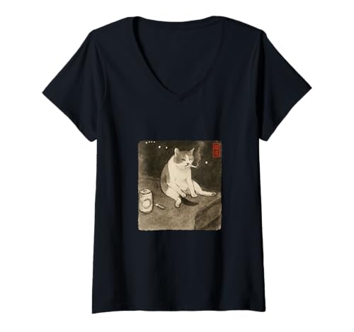 Damen Lustige traurige Katze rauchende Meme Sumi-e japanische Kunst Kätzchenliebhaber T-Shirt mit V-Ausschnitt von Cat Sumi-e Kawaii Ink Painting Japanese Cute Gifts