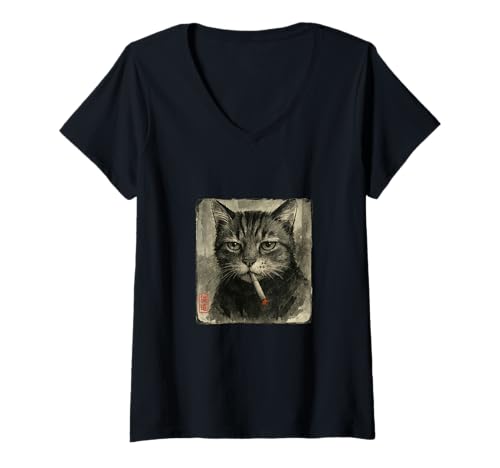 Damen Lustige traurige Katze raucht Zigarette Meme Liebhaber Sumi-e Japanisch T-Shirt mit V-Ausschnitt Damen Lustige traurige Katze raucht Zigarette Meme Liebhaber Sumi-e Japanisch T-Shirt mit V-Ausschnitt von Cat Sumi-e Kawaii Ink Painting Japanese Cute Gifts